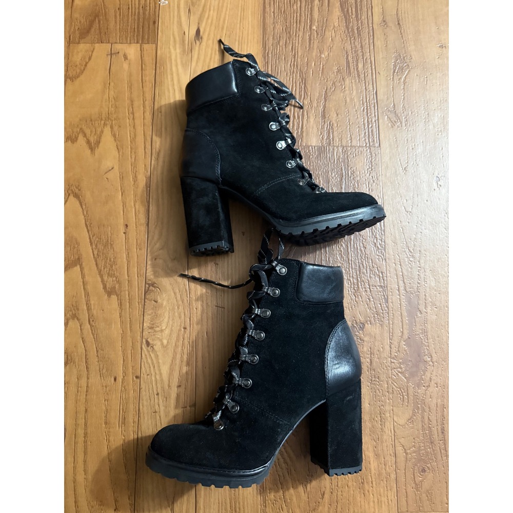 Gianni Bini Black Suede Leather Lace Up Block Heel Lug Sole Combat Boots 8.5 M